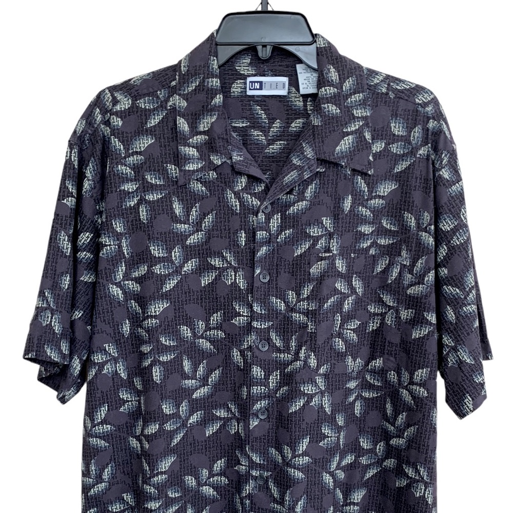 Untied 100% Silk Short Sleeve Blue Green Button Down Summer Shirt Mens Large